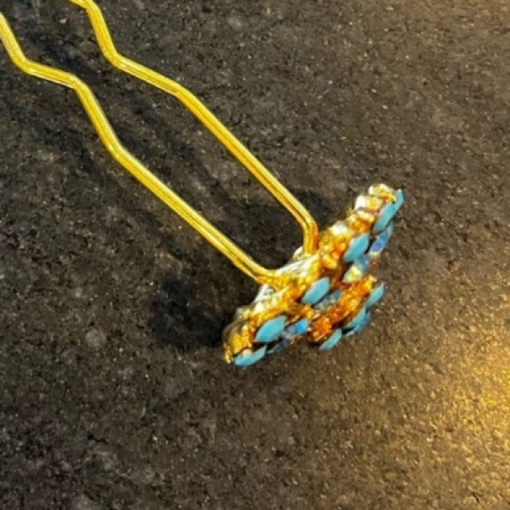Hair pin Lovely Jewelry Turquoise Crystal Elegant flower Gold Tone